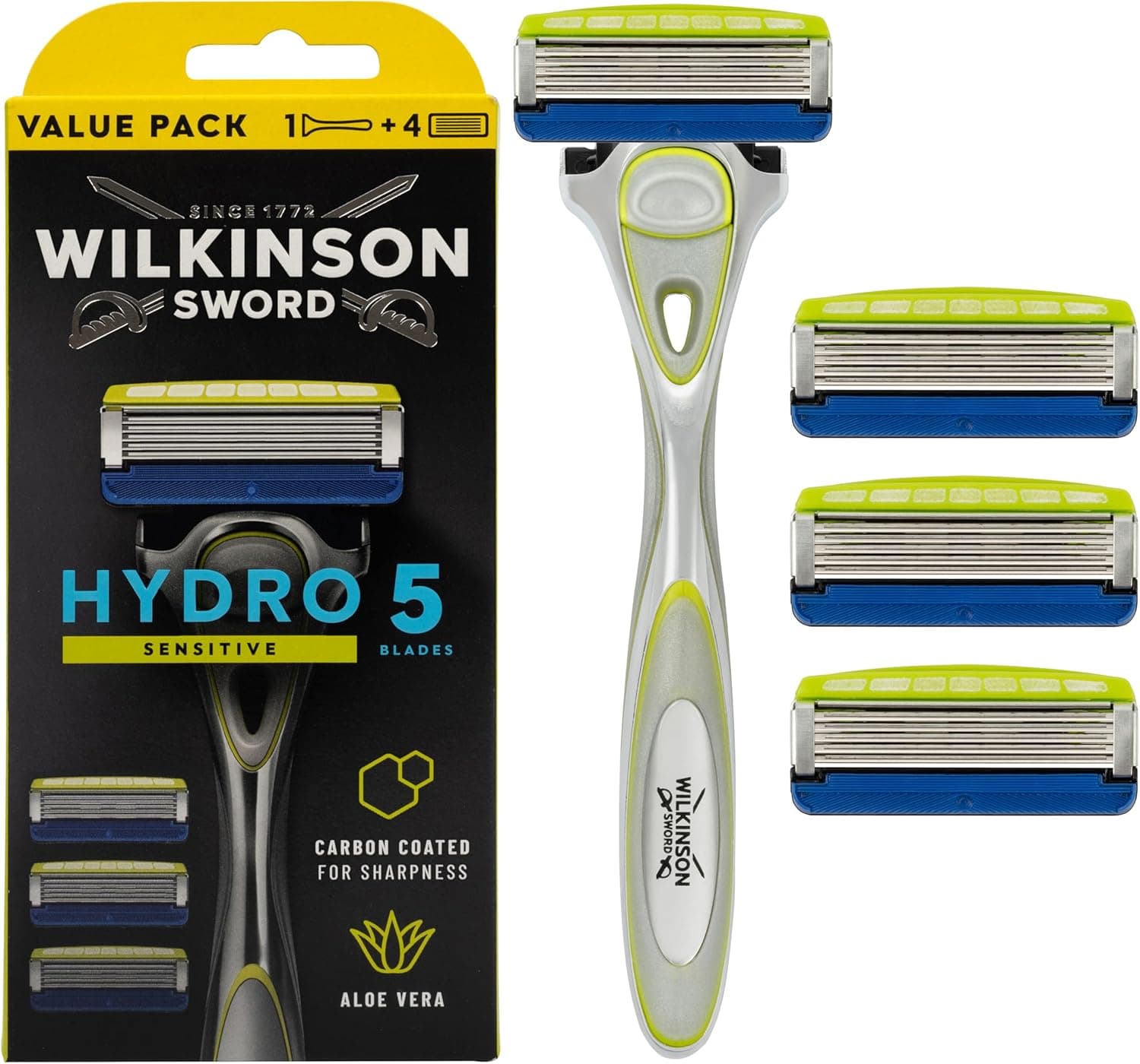 Wilkinson Sword Hydro 5 Skin Protection Sensitive - Maquinilla de Afeitar de 5 Hojas con 4 Recambios de Cuchillas de Afeitar de 5 Hojas Enriquecidas con Vitamina E, El embalaje puede variar
