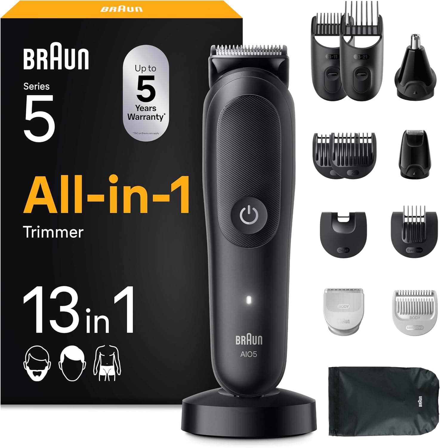 Braun Recortadora Todo En Uno Series 5 AIO5565, Kit De Styling 13en1 Para Barba, Pelo, Orejas, Nariz y Cuerpo.